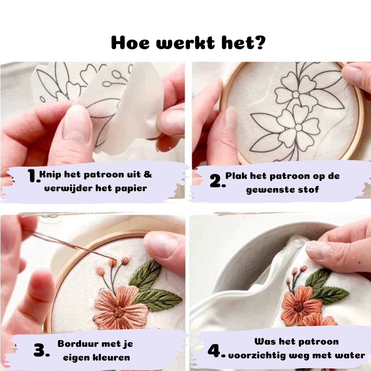 Geborduurd motief op stof gemaakt met Crafsly oplosbare borduurpatronen