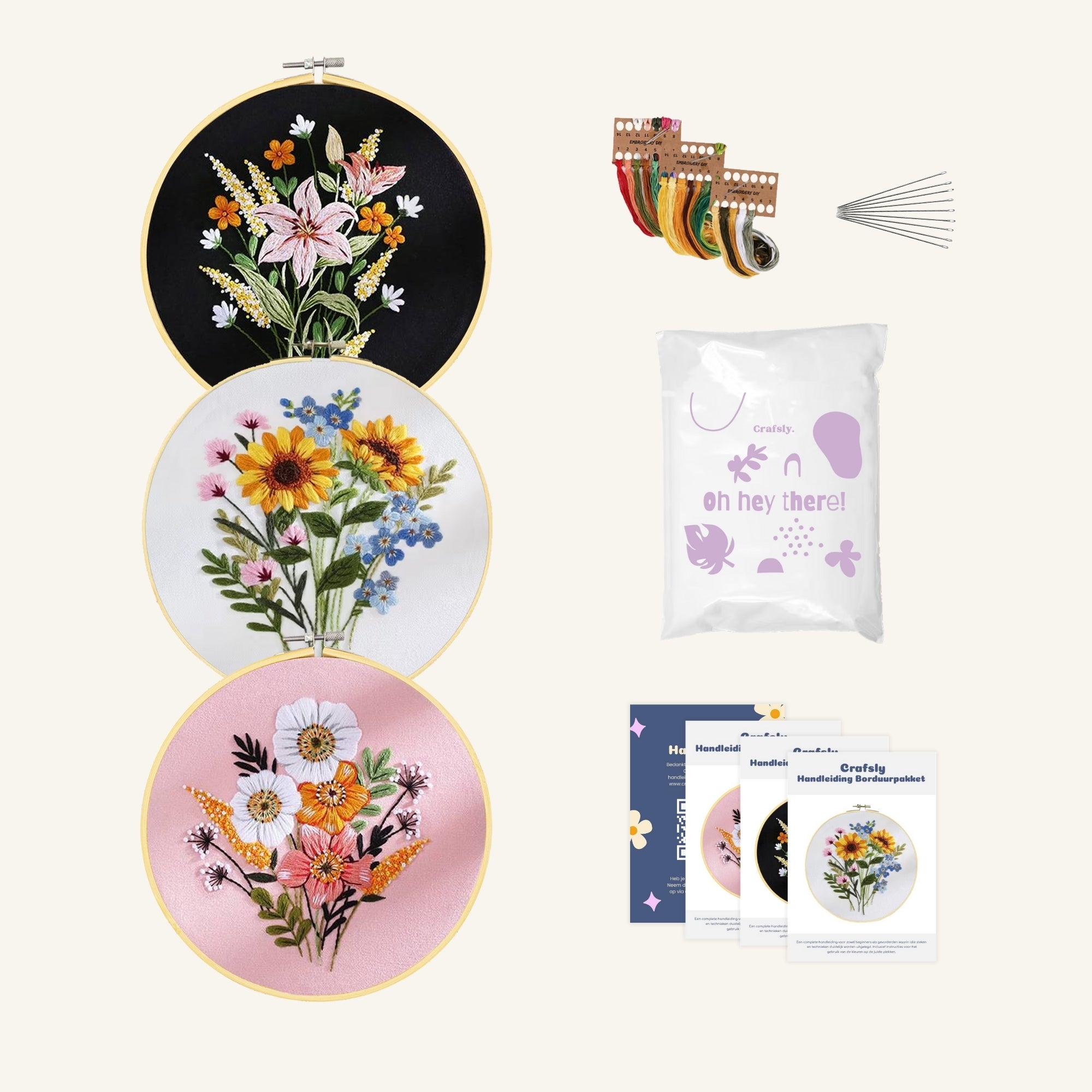 Borduurpakket met bloemen roze zwart wit