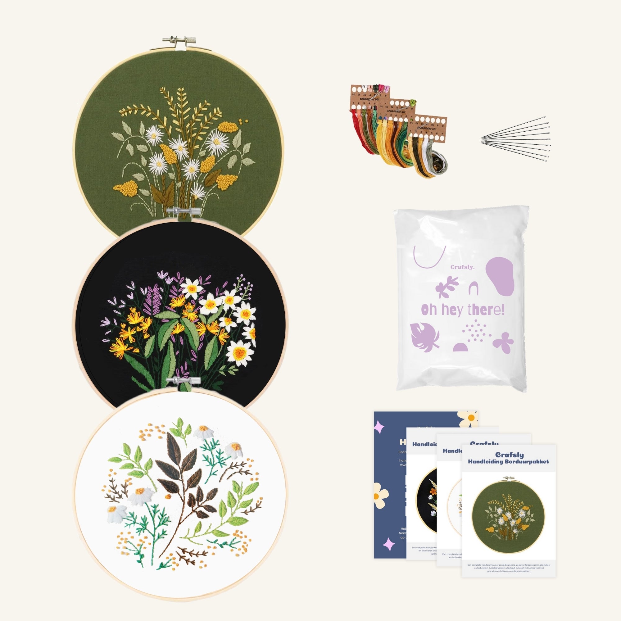 Borduurpakket met bloemen groen zwart wit