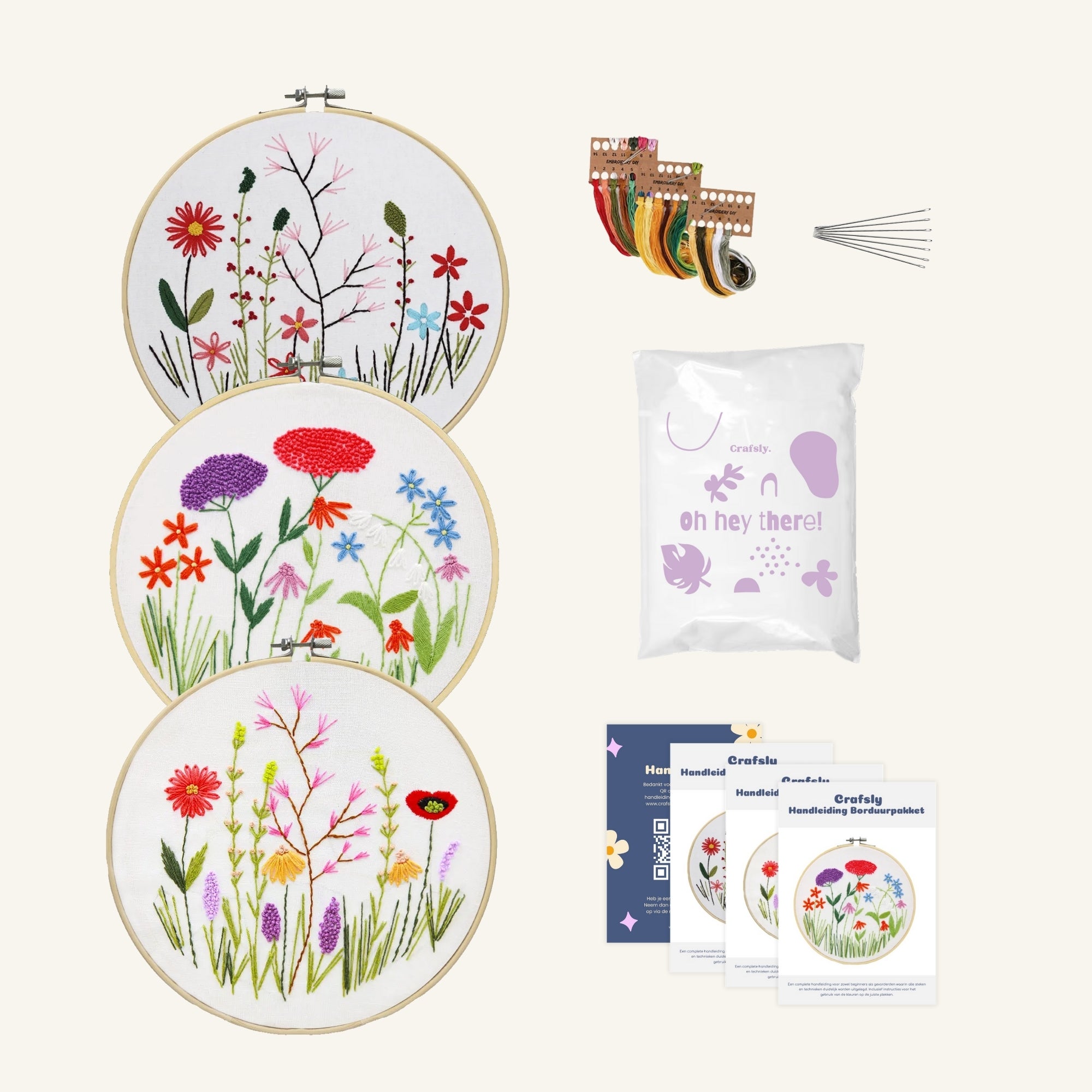 Borduurpakket met bloemen wit